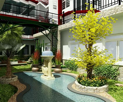 An Artists Rendering Of A Courtyard With Fountain And Plants In The