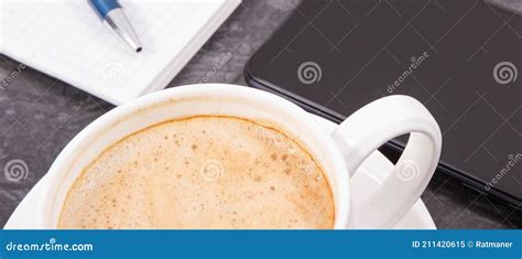 Mobile Phone Coffee With Milk And Notepad For Writing Notes Work Or