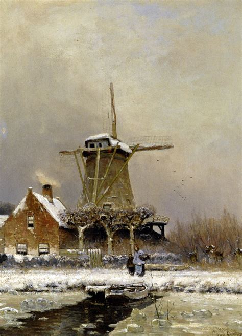 Louis Apol Figures By A Windmill In A Snow Covered Landscape Dutch