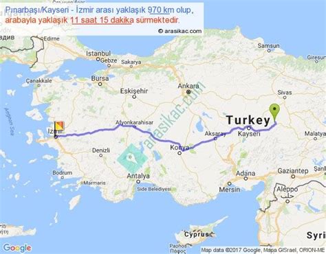 Pınarbaşı Kayseri İzmir arası kaç km, saat