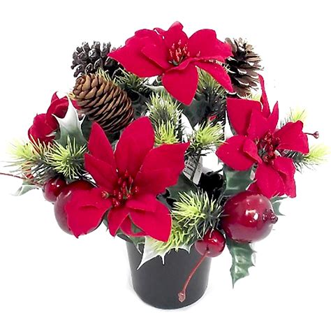 Artificial flowers + join group. Red Christmas poinsettia artificial memorial arrangement