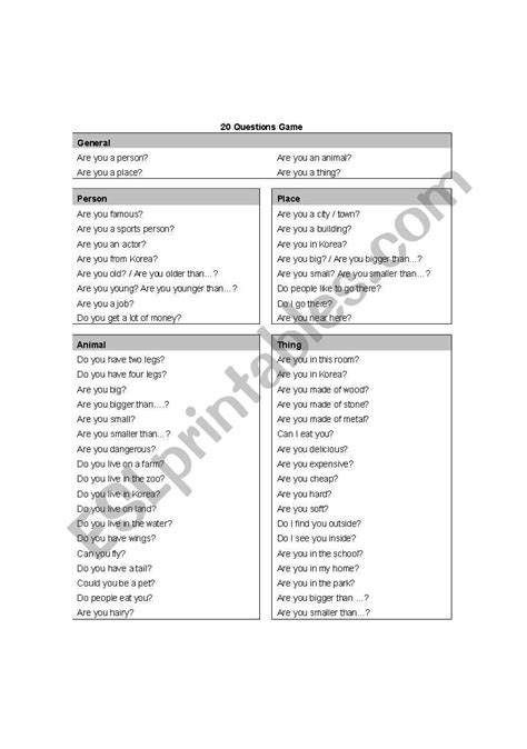 20 Questions Game Esl Worksheet By Shano