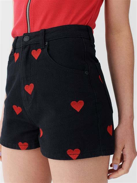 High Rise Shorts In Black Denim All Over Direct Embroidered Heart