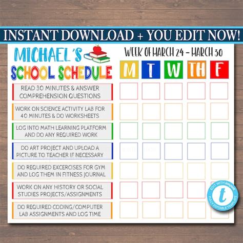 Printable Home School Schedule Daily Subject Checklist Homework