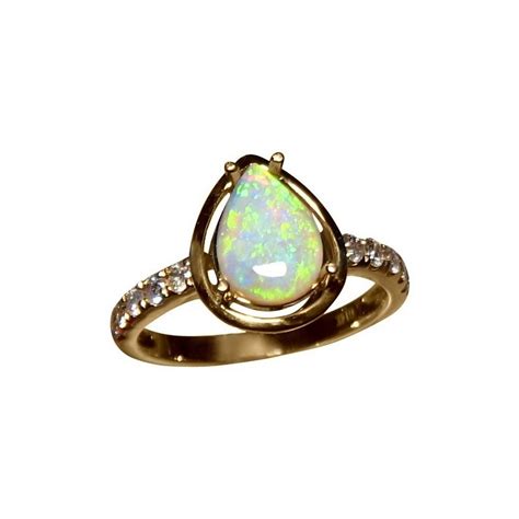 Green Opal Diamond Ring Pear Cut Opal Ring Flashopal