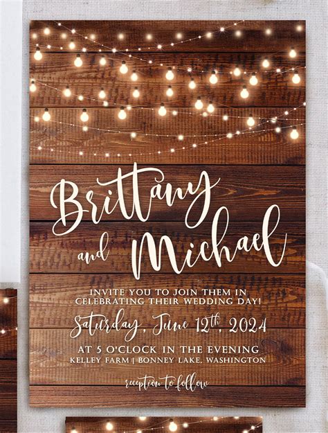 Rustic Wood String Lights Wedding Invitation Suite Printable Etsy