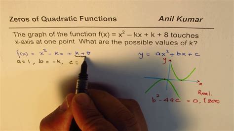 find value of k for the quadratic equation x 2 kx k 8 to have only one zero youtube