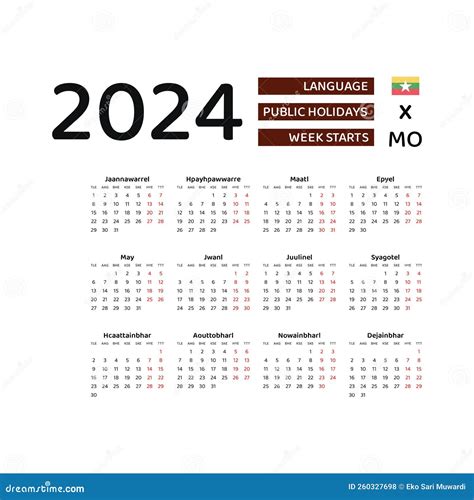 Myanmar Calendar 2024 Week Starts From Monday Vector Graphic Design