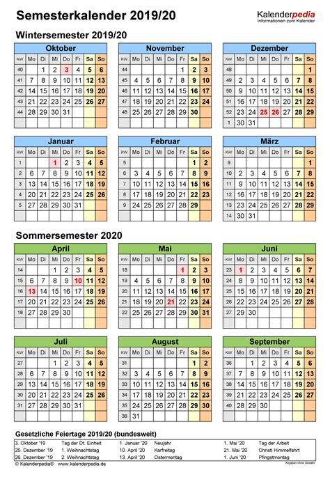 Semesterkalender 201920 Für Word Zum Ausdrucken