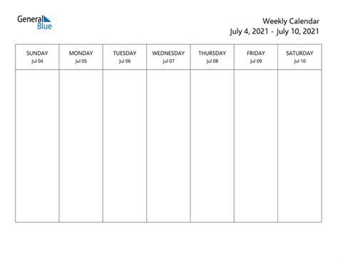 Weekly Calendar July 4 2021 To July 10 2021 Pdf Word Excel