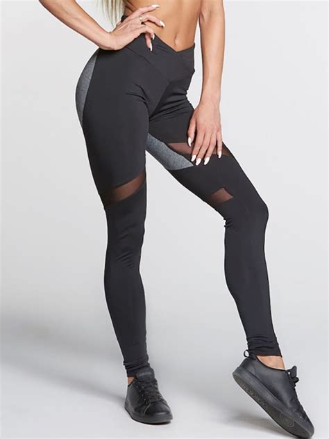 splicing mesh high waist stretchy yoga leggings casual trousers women black and white