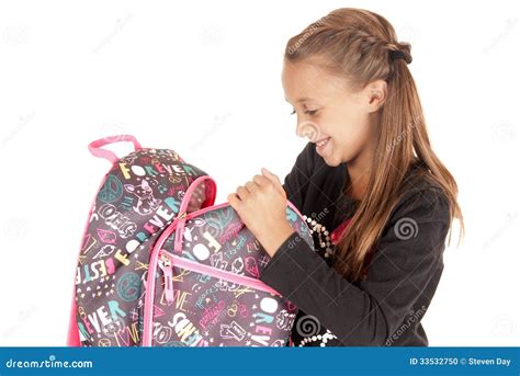 Young Girl Student Opening Her Backpack Stock Photo Image Of