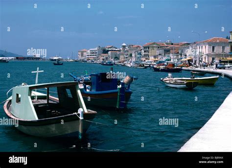 Samos Bay Greece Boats In Vathy Harbour Christian Cross On Boat Stock