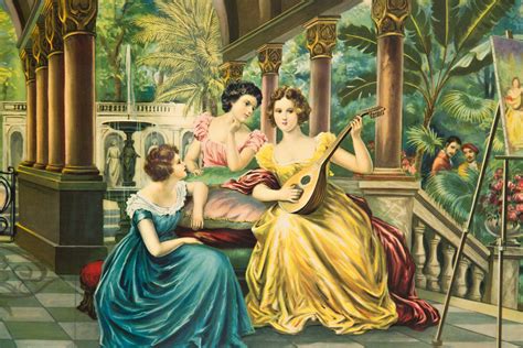 Large Vintage Print Framed Victorian Wall Art Of Man Painting Three Women With Banjo