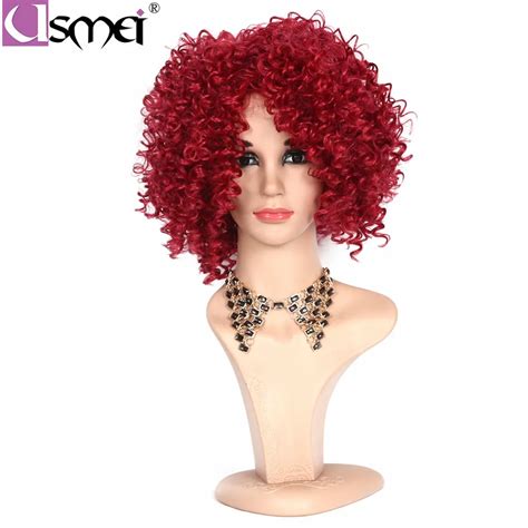 Usmei Red Short Wig Afro Kinky Curly Hair Synthetic Wigs For Women Heat Resistance Fiber