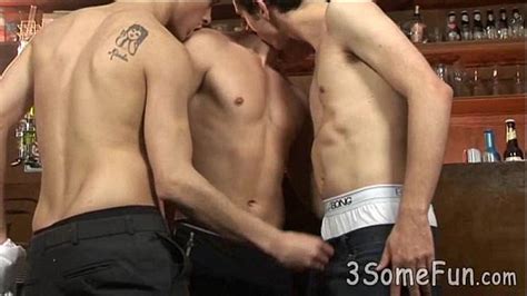 Three Young Hunks Swallow Meat At The Bar Counter