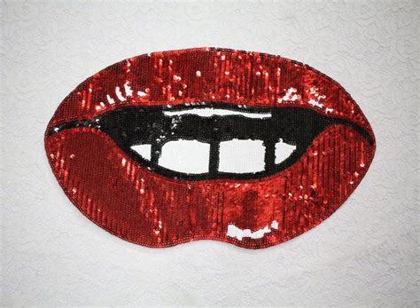 Large Red Lip Sequined Applique Patch Vintage Embroidered Mouth Patch