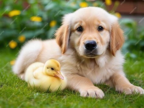 Premium Ai Image Group Of Golden Retriever Puppy And Duckling Photograph