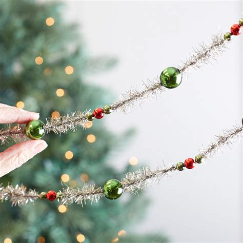 Silver Tinsel With Green And Red Bead Garland Christmas Garlands