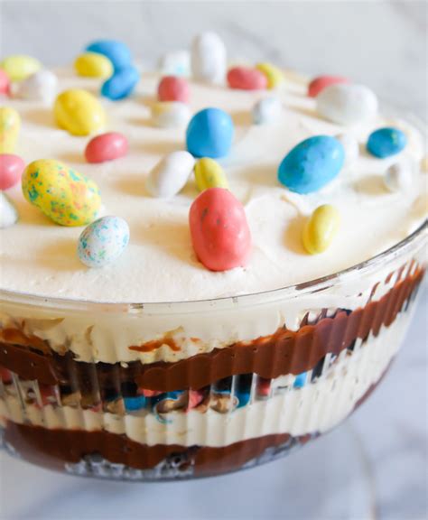 Make a day or two in advance rice krispies treats are easily sculpted into cute little baskets for this egg hunt treat. Easter Trifle | Bake at 350°