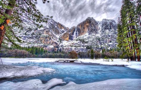 Wallpaper Winter Snow Trees Mountains Lake Hdr Usa Yosemite