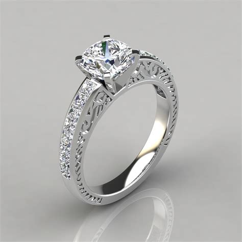 Thin band engagament rings are comfortable! Hand Engraved Cushion Cut Engagement Ring - Forever Moissanite