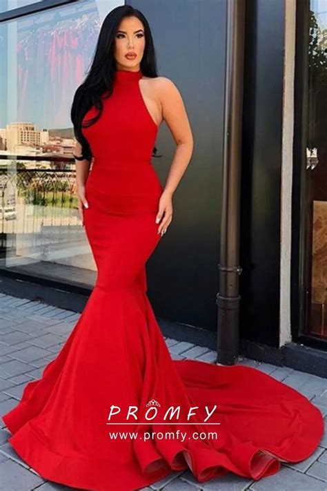 Red Satin Halter Neck Mermaid Long Prom Formal Gown Promfy