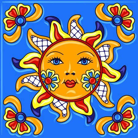 An Artistic Sun With Blue Eyes And Flowers In The Center On A Blue