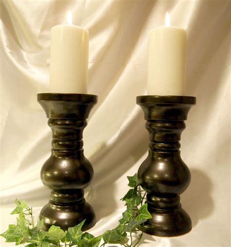 Glossy Black Chunky Pillar Candle Holders 10 Inch