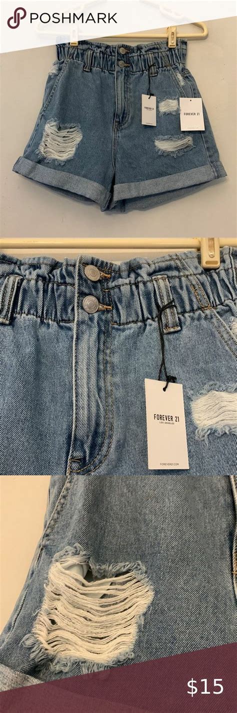 Forever 21 Light Denim Distressed Shorts With Elastic Waist Size S Nwt