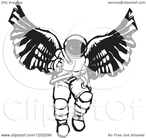 Clipart Of An Angel Astronaut Black And White Woodcut