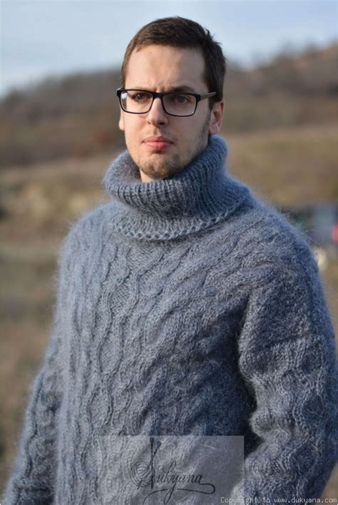 Handmade Mohair Mens Sweater Tneck Cabled Jumpertm68
