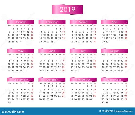 Annual Calendar For 2019 Year With The Pink Stock Vector Illustration
