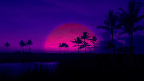 retrowave, Retrowave, purple, sunset, palm trees, pink ...