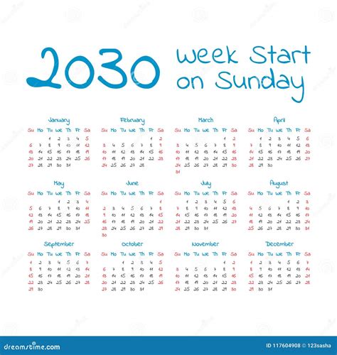 Calendário Simples De 2030 Anos Ilustração Do Vetor Ilustração De Mês