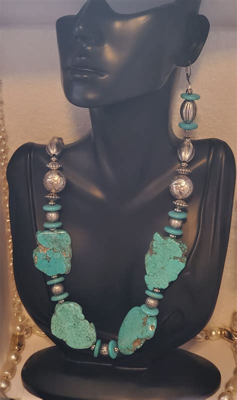 Turquoise Howlite Gemstone Silver Tone Bead Necklace Earrings Set