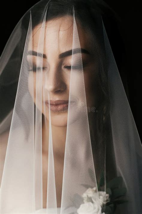 Gorgeous Bride With Boutonniere Posing Under Veil Near Window Amazing