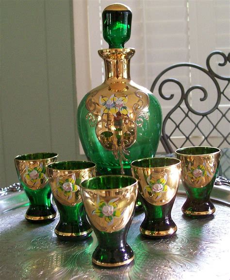 Vintage Czech Bohemian Handpainted Emerald Green Glass Decanter Cordial Set With Gold Gilding