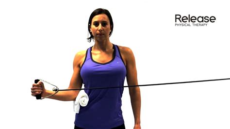 The focus of this exercise is to keep the elbows against your sides and rotate the shoulder as far out as is comfortable. Standing Shoulder External Rotation with Theraband - YouTube