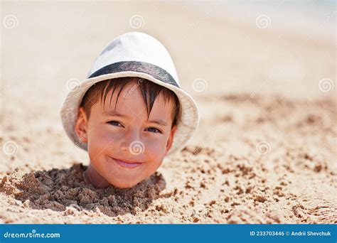 Young Boy Head On Sand Wear Panama Hat Funny Summer Vacation Stock