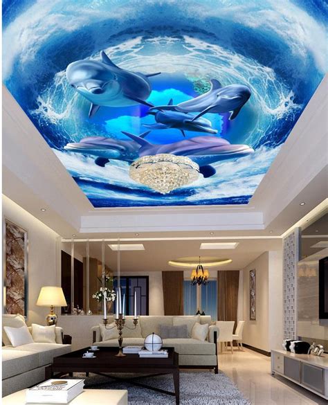 Custom 3d Ceilings Wave Dolphin Ceiling Mural Modern Wallpaper For