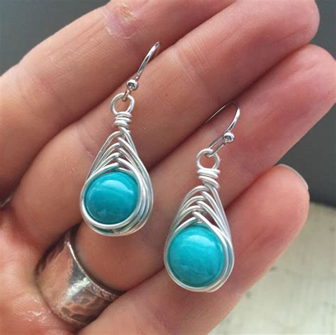 Turquoise Herringbone Earrings Wire Wrapped Earrings Silver Wire