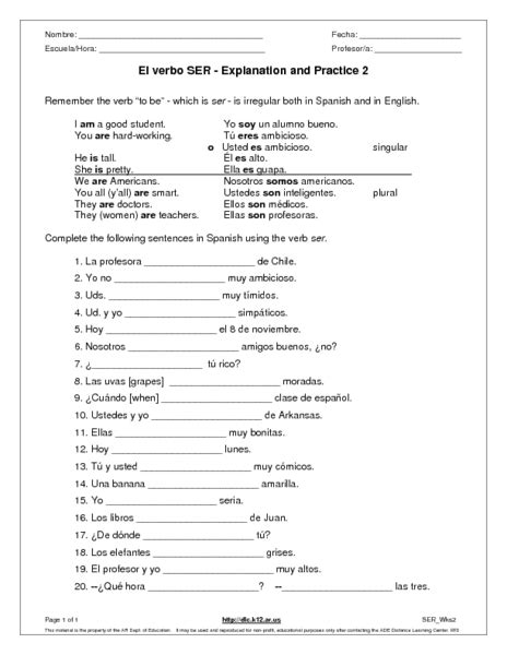 El Verbo Ser Explanation And Practice 2 Worksheet For 6th 7th Grade