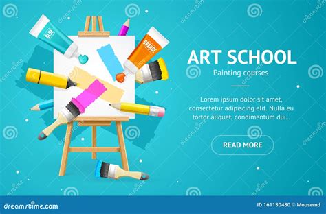Art School Concept Banner Horizontal With Realistic Detailed 3d