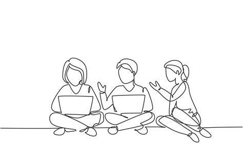 Single Continuous Line Drawing Three Students Studying With Laptop And