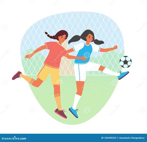 Two Young Girls Play In Football In School Sport Field Flat Cartoon