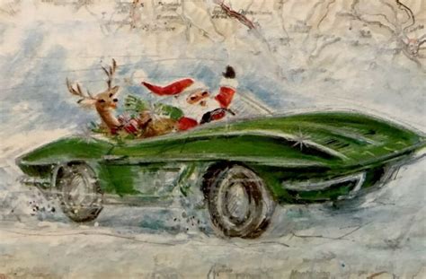 60s Santa Reindeer Convertible Corvette Roadmap Christmas Visits Vtg