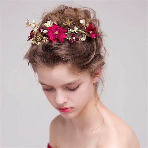 Red Flower Pakistani Bridal Hairstyles Gold Leaves