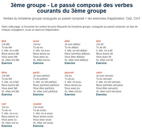 Le passé composé des verbes courants du ème groupe Passé composé Verbe Exercice cm