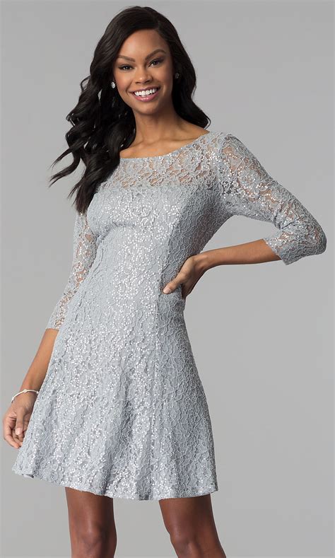 Sleeved Sequin Lace Short Silver Party Dress Promgirl